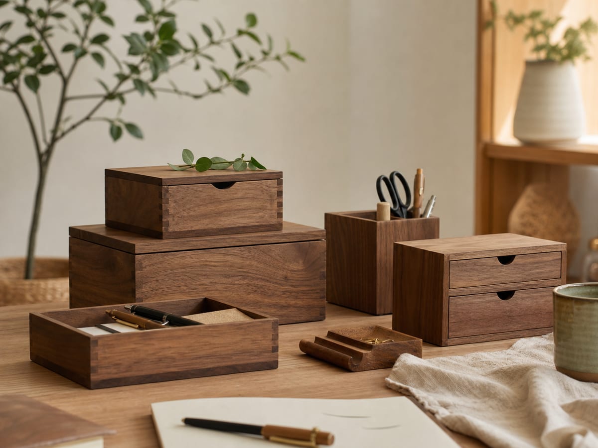 机まわりを整える木の収納用品
