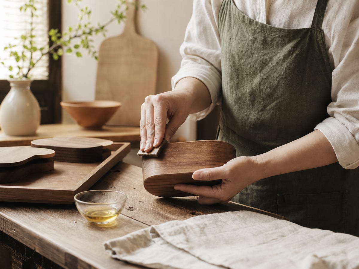 木の道具を仕上げる作り手の手元